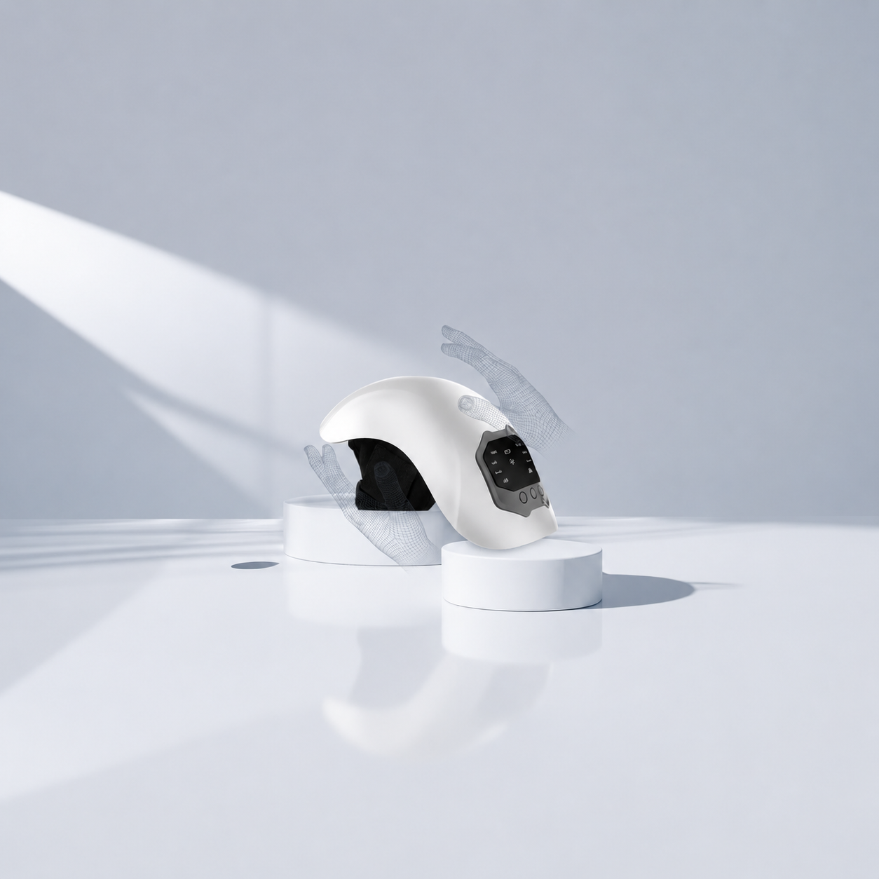 White Knee Massager on a reflective surface with a light gray background