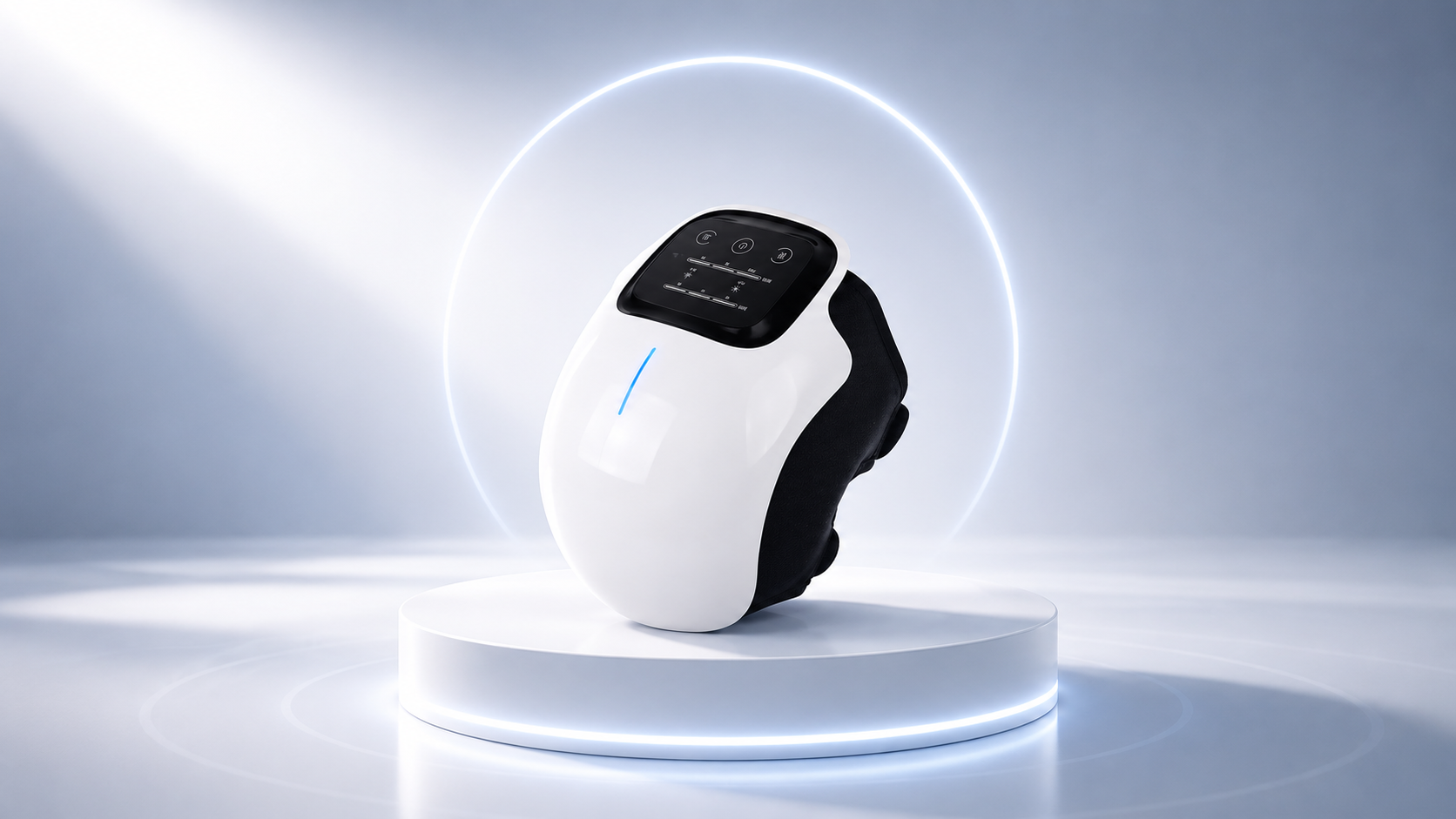 White and black robot on a circular platform with a glowing ring in a minimalistic setting